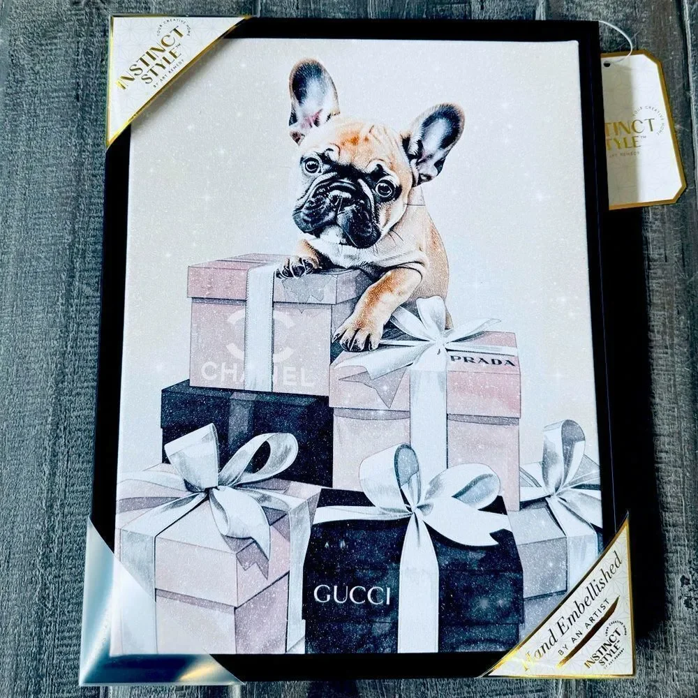 Luxury Designer Frenchie Dog Glitter Canvas Framed Wall Art Gucci Prada Chanel